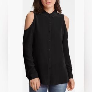 NWT Trouvé Nordstrom cold cut out shoulder black silk collared button up blouse